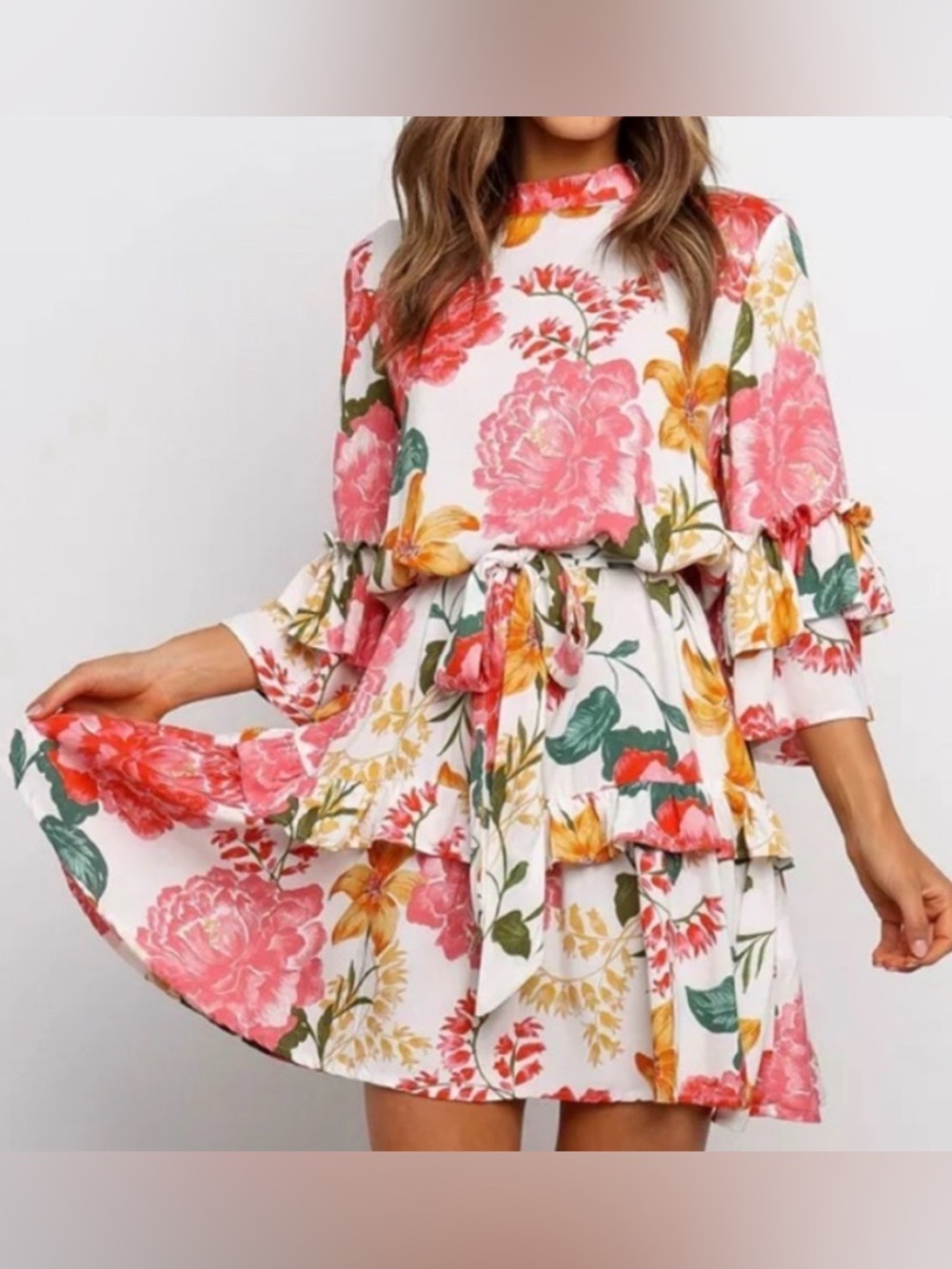 Petal & Pup Floral Ruffled Feminine Cottage Tiered Dress Sz L
